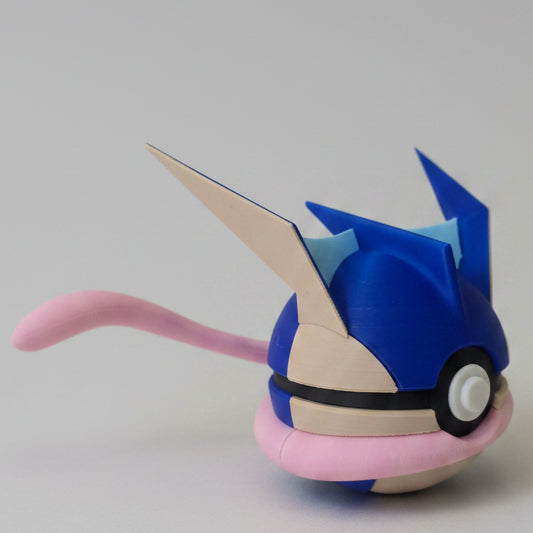 Back view of Greninja inspired Pokéball collectible showing blue spikes, head details, and Pokémon inspired display style.