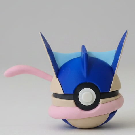 Greninja inspired 3D printed Pokéball collectible featuring blue ninja themed details, signature pink tongue scarf, sharp ear features, and Water-type Pokémon inspired design for fans and collectors.