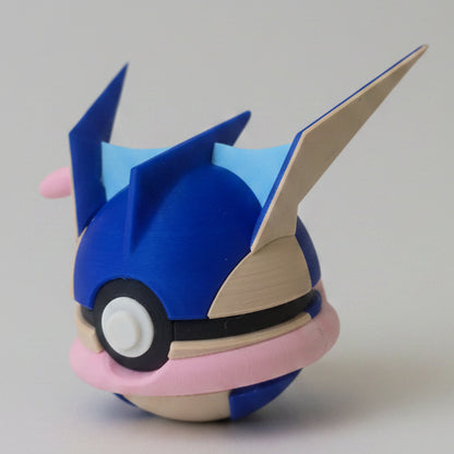 Side view of Greninja inspired Pokéball 3D print showing blue colouring, ninja style features, pink tongue detail, and unique collectible design.