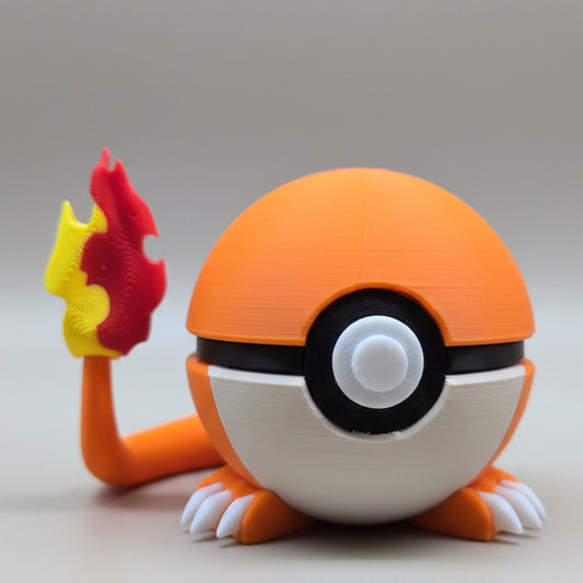 Front view of a 3D printed Charmander-inspired Poké Ball with orange top, white base, black centre band, small white claws, and a flame-tipped tail on a neutral background.