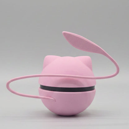Pink filament poke ball with a black strap around it and a pink  ears and long winding pink tail on a gray background