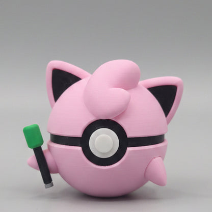Jigglypuff inspired 3D printed Pokéball collectible featuring a pink design, cute ears, signature curl, microphone detail, and adorable display style for Pokémon fans.
