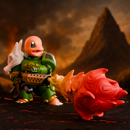 A 3D-printed Charmander figure styled as a Warhammer Salamander Space Marine, wearing green power armor and firing a large flame blast. A Cubone-style skull trophy is mounted on its shoulder. The background shows a volcanic battlefield with fiery lava and smoke.