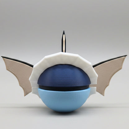 Back view of a 3D printed Vaporeon inspired Pokéball collectible featuring Vaporeon’s blue colouring, large fin shaped ears, tall head crest, and aquatic tail-inspired details. A Pokémon themed display piece showing the full design from behind on a grey background.