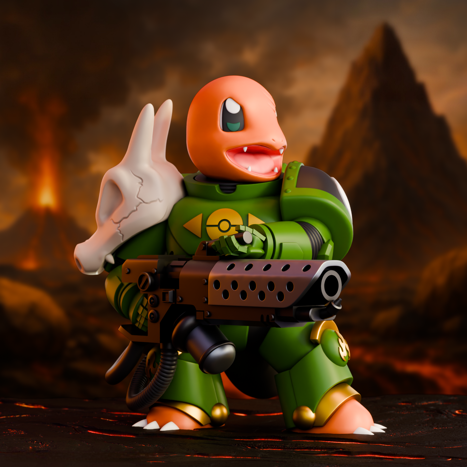 A detailed close-up of a 3D-printed Charmander in Salamander Space Marine armor, aiming a bolter-style gun. The figure features green armor, flame insignias, and a Cubone skull trophy, standing against a lava-filled battlefield background.
