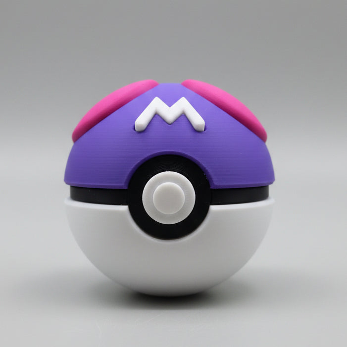Front view of a 3D printed Master Ball with purple top, pink side accents, white “M” emblem, black centre band, and white base on a neutral background.
