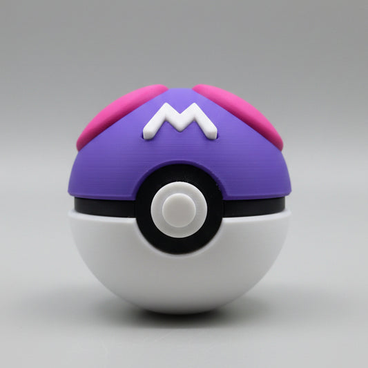 Front view of a 3D printed Master Ball with purple top, pink side accents, white “M” emblem, black centre band, and white base on a neutral background.