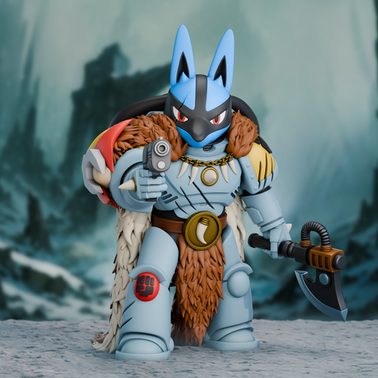 A front-facing 3D-printed Lucario in Space Wolves-style power armor, holding a pistol in one hand and a power axe in the other. The figure features fur accents, a fang necklace, and red eyes, set on a snowy battlefield.