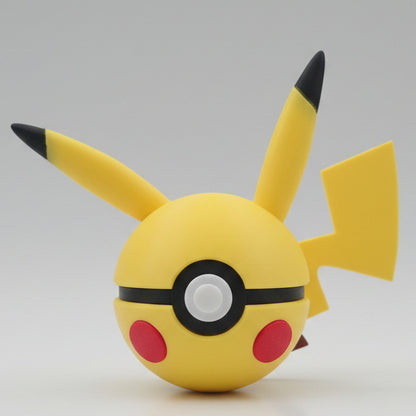 Pikachu inspired 3D printed Pokéball collectible featuring yellow design, pointed ears, red cheeks, lightning bolt tail, and cute display style for Pokémon fans.