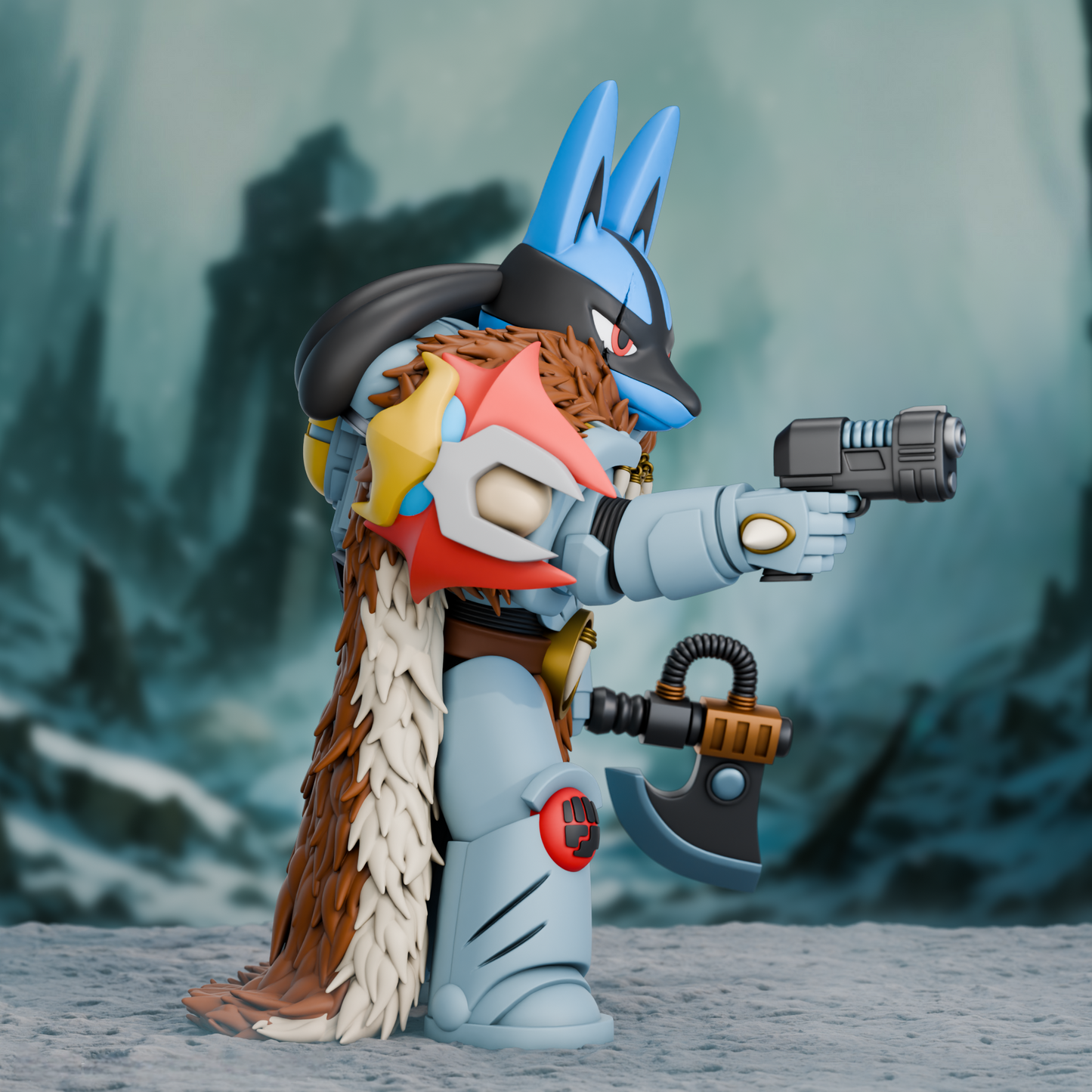 A 3D-printed Lucario figure styled as a Warhammer Space Wolves warrior, wearing icy blue power armor with fur pelt details and holding a futuristic pistol. The background shows a frozen, snowy battlefield with jagged ruins.