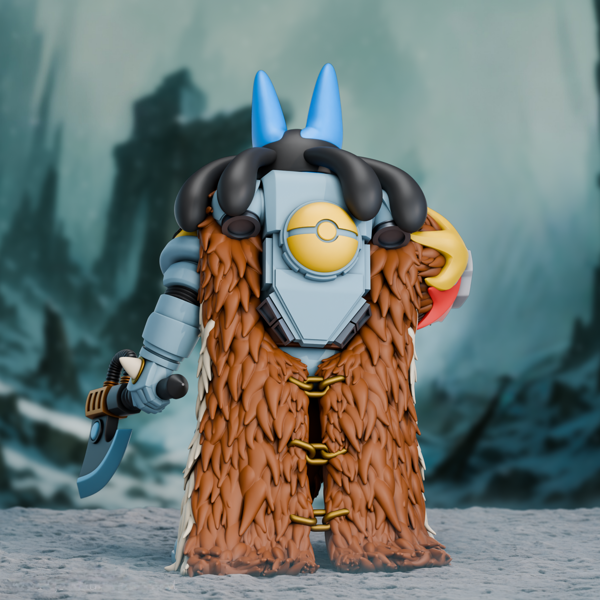 Rear view of a 3D-printed Lucario Space Wolves figure, showing a detailed fur cloak, wolf-inspired armor, and a round backpack with a Poké-ball design. The scene features a cold, icy landscape with ruins in the distance.