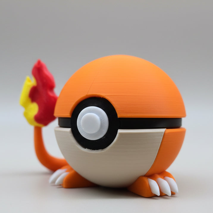 Side profile of a 3D printed Charmander-themed Poké Ball highlighting the raised flame tail and small white claws beneath the sphere.