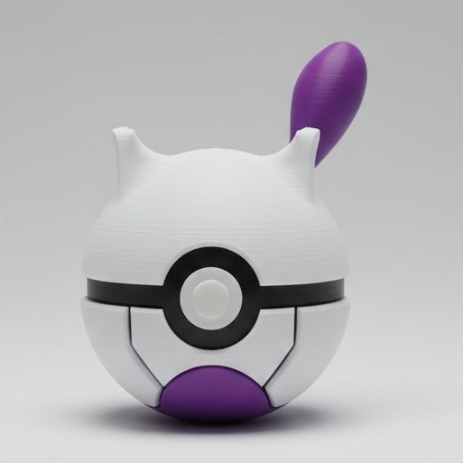 Mewtwo inspired 3D printed Pokéball collectible featuring a sleek white and purple design, powerful psychic themed details, and a unique display style for Pokémon fans and collectors.