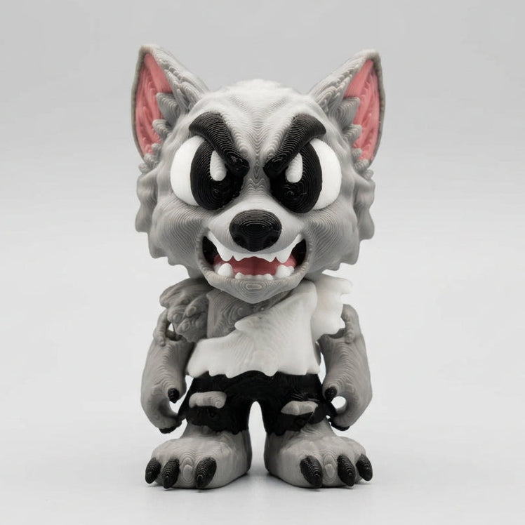3D printed Angry Werewolf Halloween figurine featuring textured grey fur, pointed pink ears, oversized black and white eyes, fierce angled eyebrows, sharp white fangs, black claws and a snarling expression against a light grey background.