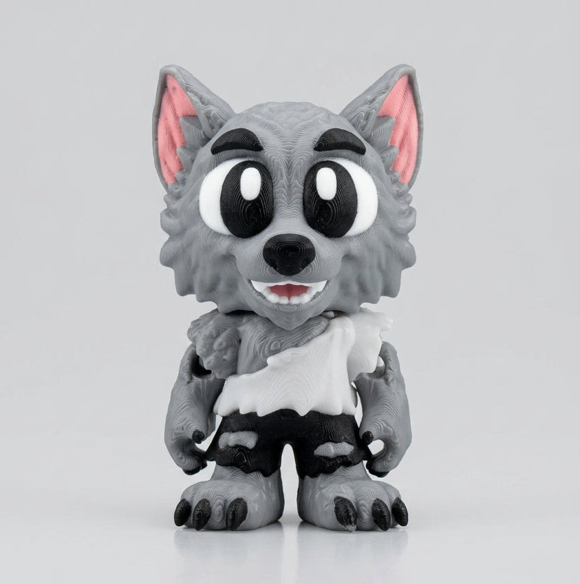 Adorable 3D printed Happy Werewolf figurine with fluffy grey fur, large black and white eyes, pink pointed ears, a cheerful toothy smile, white chest fur and black claws, standing against a light grey background.