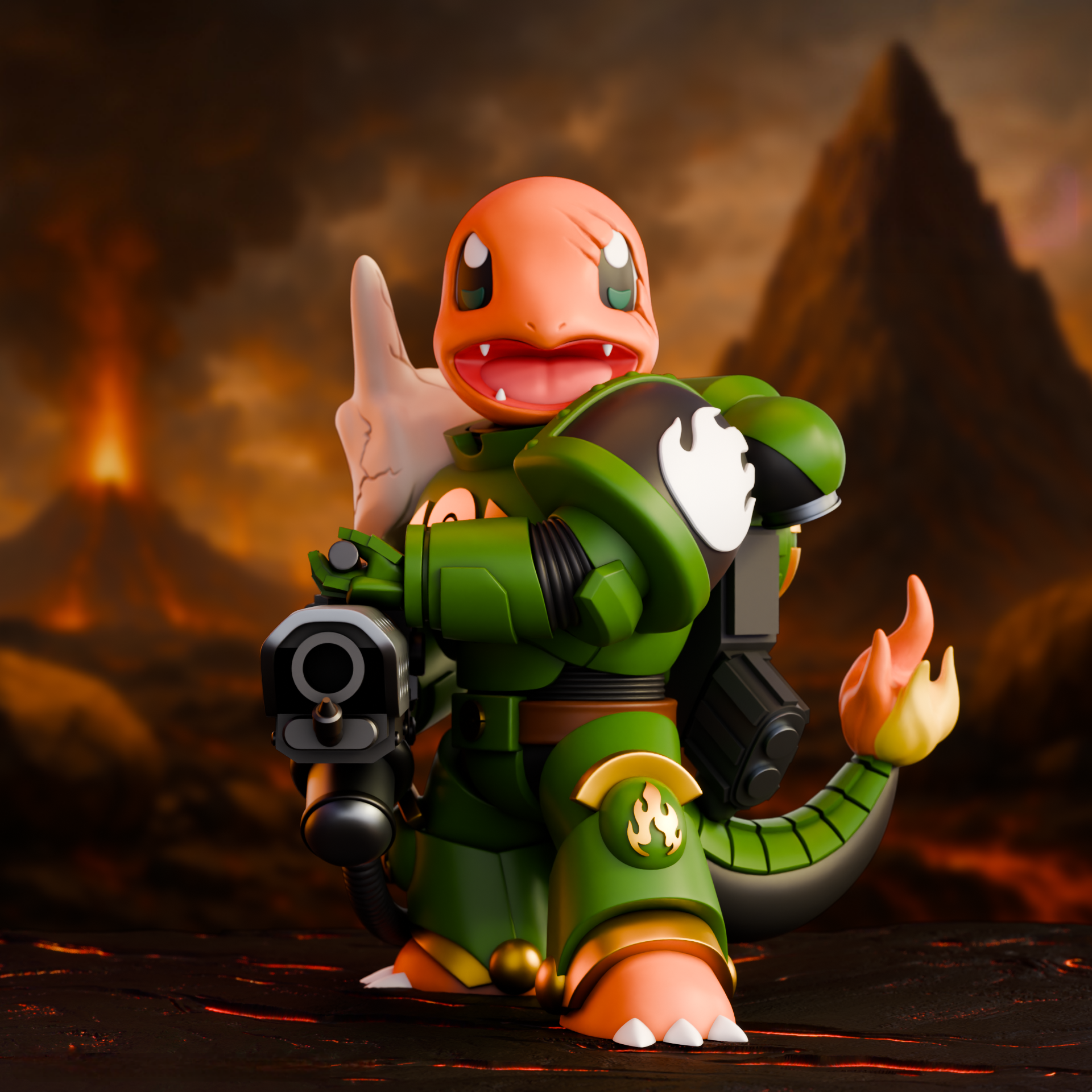 A front-view of a 3D-printed Salamander Space Marine Charmander holding a heavy flamethrower-style weapon. The figure wears green armor with flame emblems and has a Cubone skull trophy on its shoulder. The scene is set in a fiery volcanic landscape.