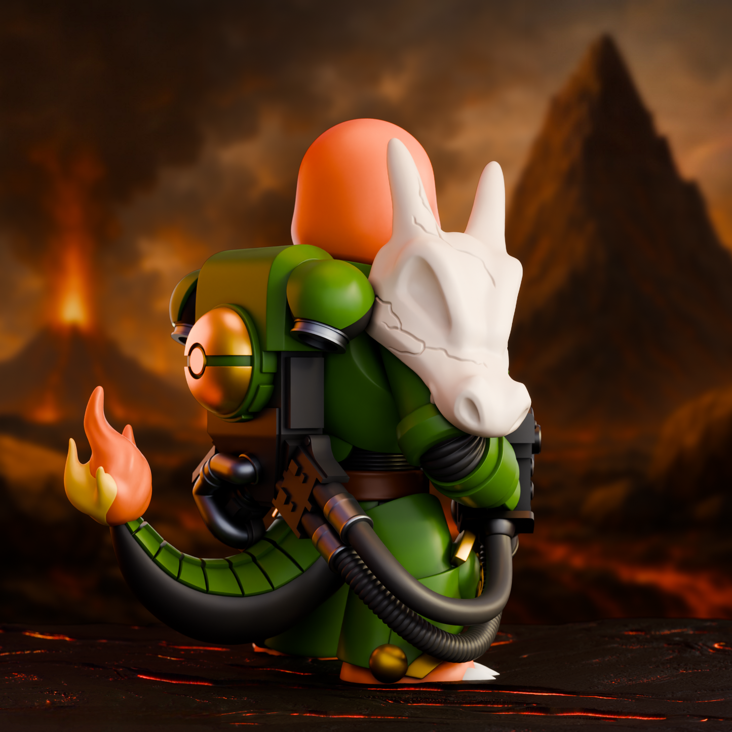 A rear-view of a 3D-printed Charmander in Salamander-style Space Marine armor. A large Cubone-like skull trophy is mounted on the back, and the fiery Charmander tail is visible. The backdrop shows erupting volcanoes and molten terrain.