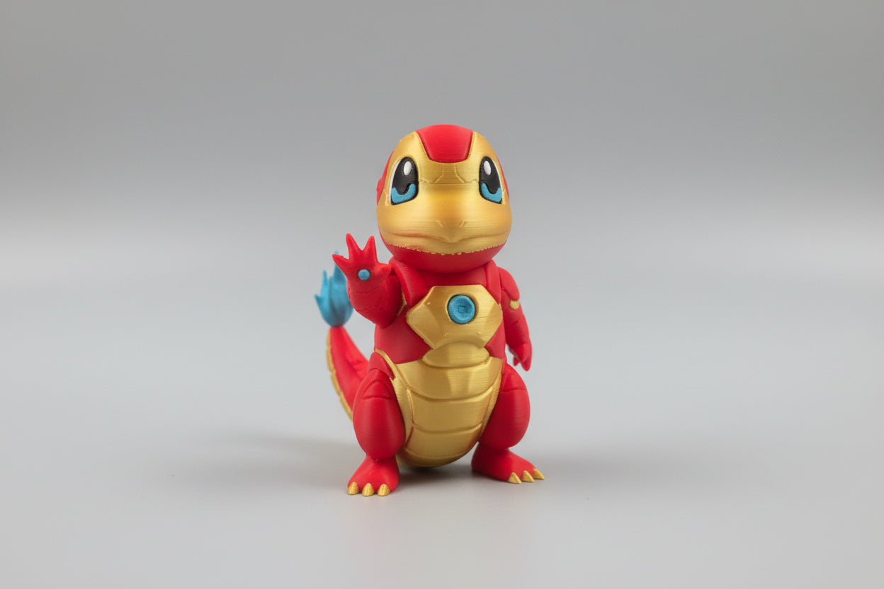 Charmander in a red and yellow ironman suit with a blue gem on its chest