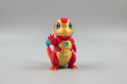 Charmander in a red and yellow ironman suit with a blue gem on its chest