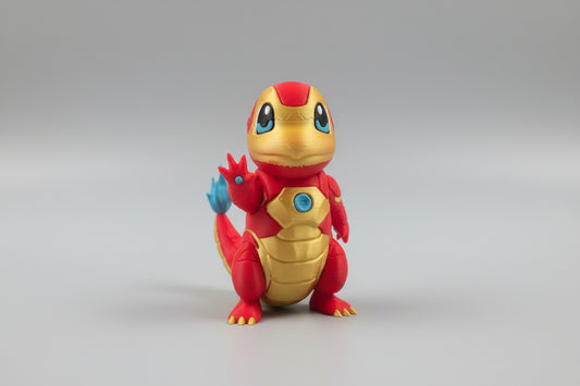 Charmander in a red and yellow ironman suit with a blue gem on its chest