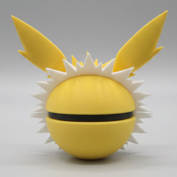 Back view of Jolteon inspired Pokéball 3D print showing large pointed ears, yellow colouring, and detailed spiky fur design for collectors.