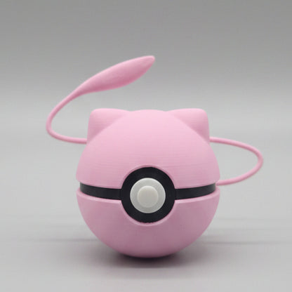 Pink Poké Ball with ears, a long thin tail on a gray background