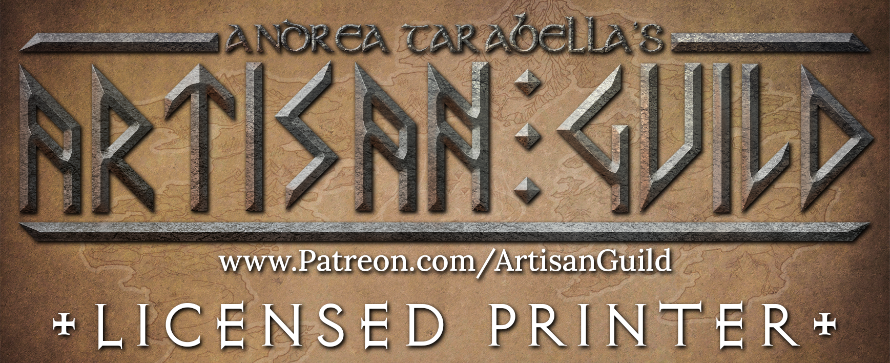 Artisan Guild licensed printer badge displayed on a brown background.