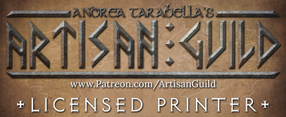 Artisan Guild licensed printer badge displayed on a brown background.
