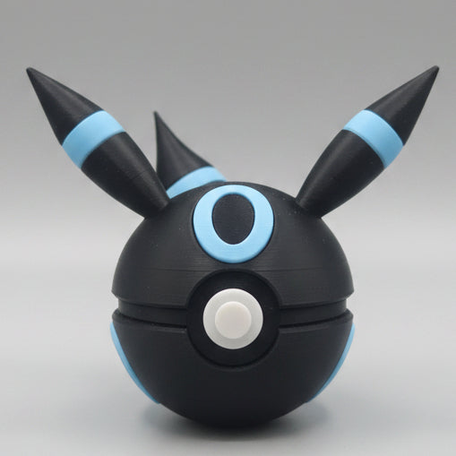 Full Moon Umbreon inspired 3D printed Pokéball collectible featuring a black design, glowing blue moon details, long ears, and a sleek display style for Pokémon fans.