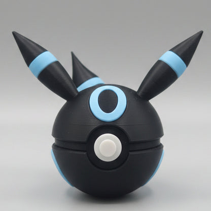 Full Moon Umbreon inspired 3D printed Pokéball collectible featuring a black design, glowing blue moon details, long ears, and a sleek display style for Pokémon fans.