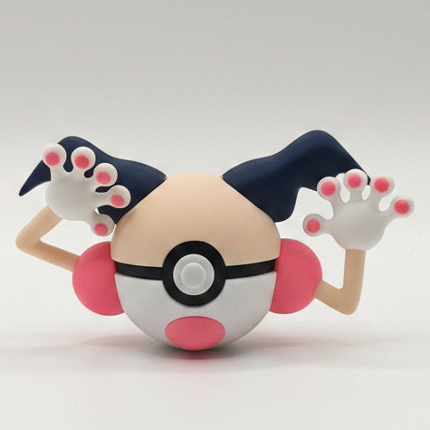 3D printed Mr. Mime-inspired Pokéball collectible featuring blue horn-like hair, large white hands with pink fingertips, pink shoulder accents, and a classic Pokéball centre against a white background.