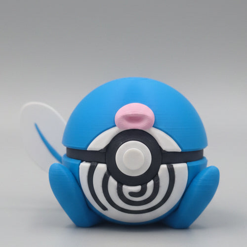 Poliwag inspired 3D printed Pokéball collectible featuring a bright blue design, swirl belly detail, pink mouth, tail, and adorable Water-type Pokémon themed features.