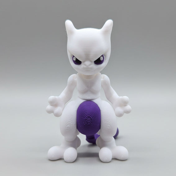 Front view of a Mewtwo inspired 3D printed flexi figure with purple tail