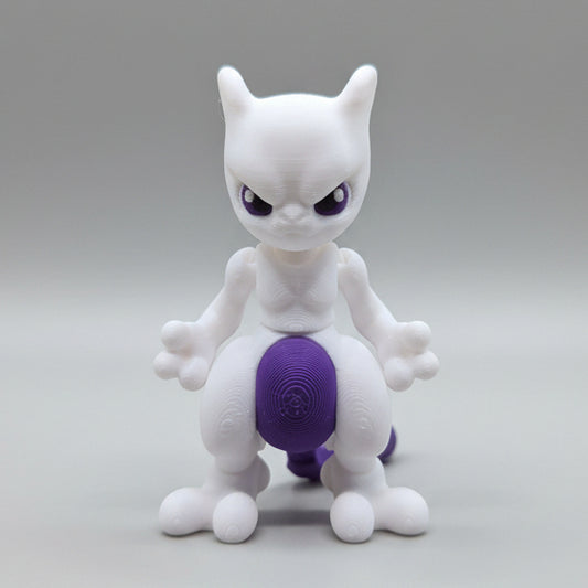 Front view of a Mewtwo inspired 3D printed flexi figure with purple tail
