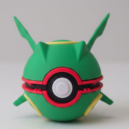 Rayquaza inspired 3D printed Pokéball collectible featuring a green dragon design, red and yellow details, wing-like features, and Legendary Pokémon themed styling for fans and collectors.