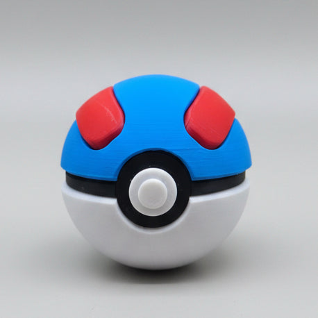 Front view of a 3D printed Great Ball featuring a blue top with red side accents, black centre band, white base, and raised white button.