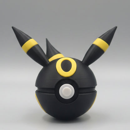 Umbreon inspired 3D printed Pokéball collectible featuring a black design, yellow moon markings, tall ears, and Dark-type inspired details, perfect for Pokémon fans and collectors.