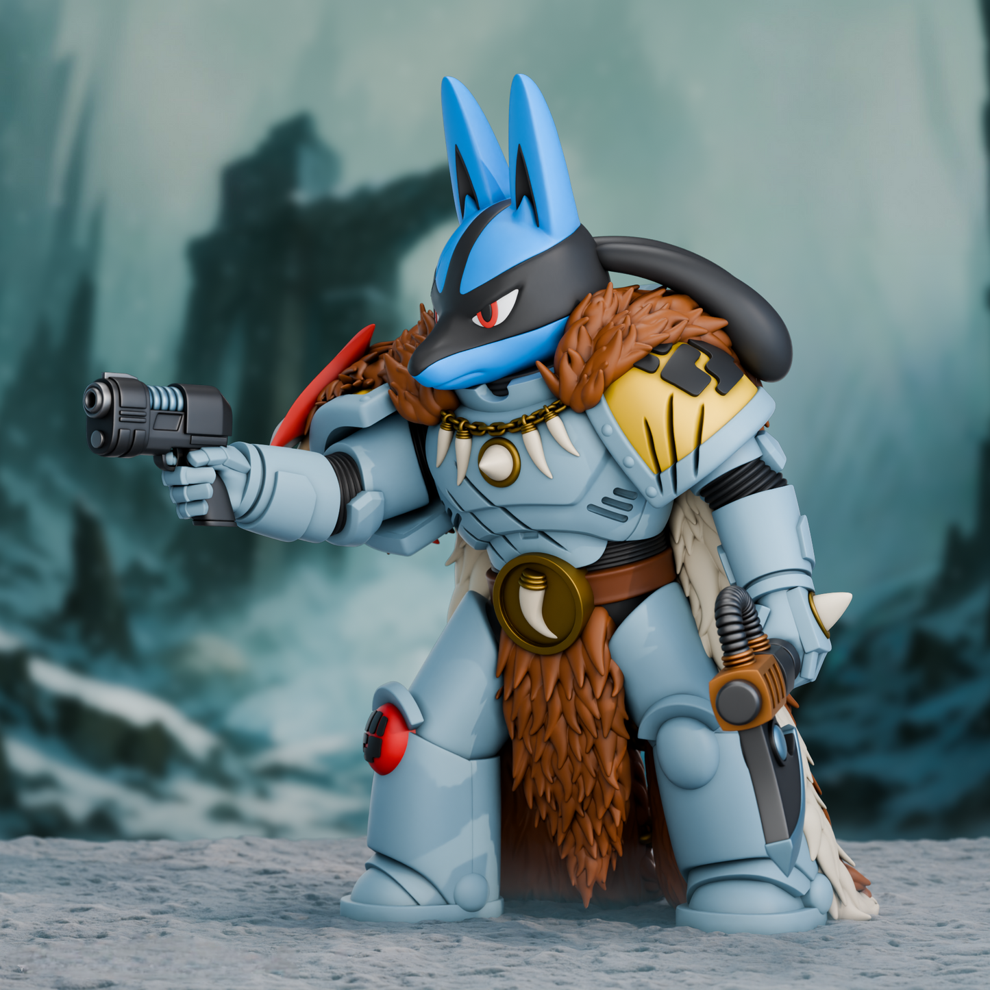 A side view of a 3D-printed Lucario Space Wolves figurine aiming a futuristic pistol. The model wears grey-blue armor with fur trim, gold accents, and carries a power axe, standing in an icy warzone setting.