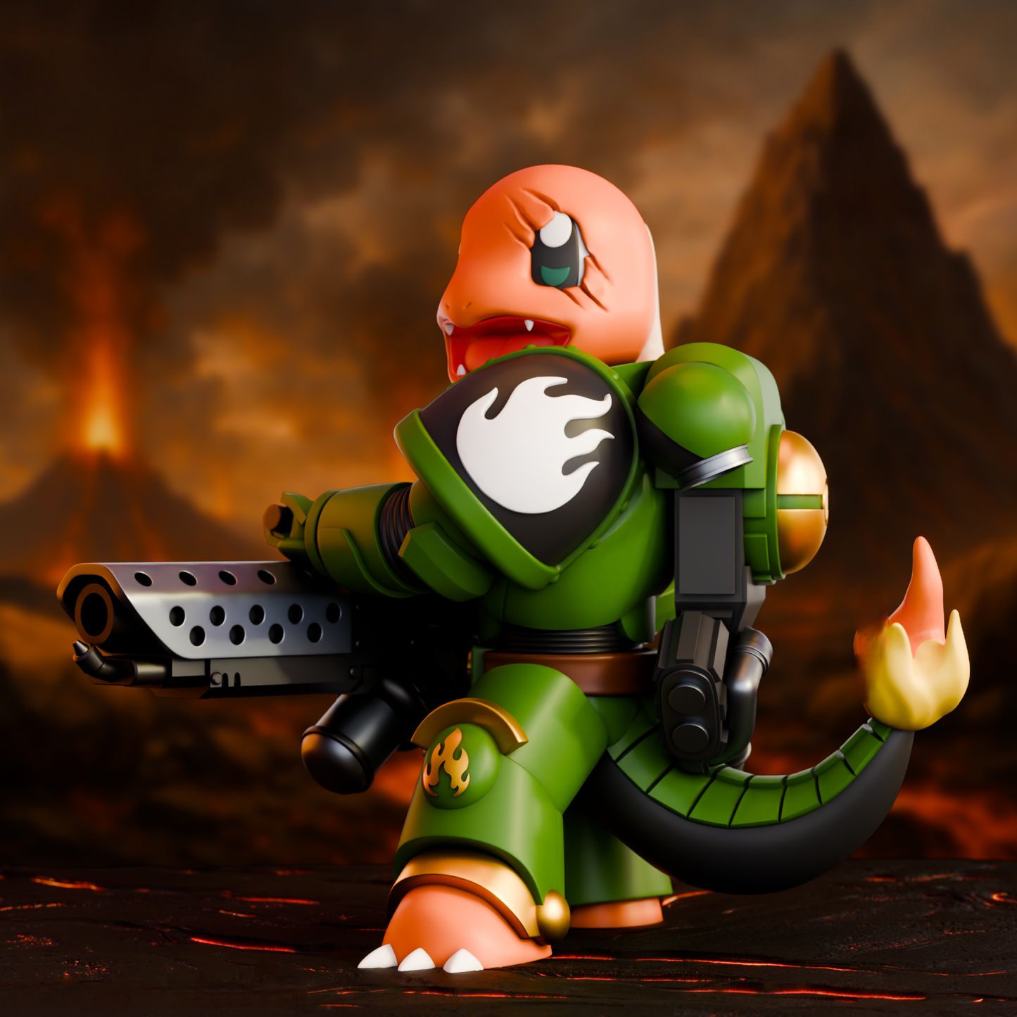 A side view of a 3D-printed Salamander Space Marine Charmander holding a heavy bolter weapon. The figure has green armor with flame markings and a burning tail, set in front of a dramatic volcanic battlefield.