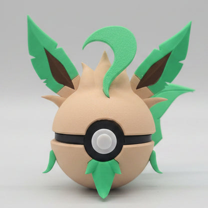 Leafeon inspired 3D printed Pokéball collectible featuring green leaf details, pointed ears, and nature themed design, perfect for Pokémon fans and display collections.